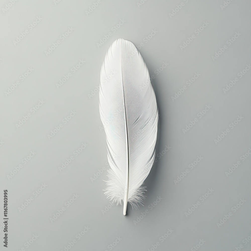 A white feather is displayed on a grey background A white feather is displayed on a grey background