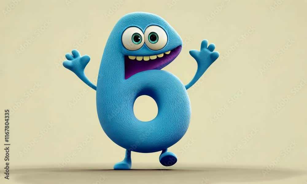 3D child character mascot number six animated dancing on flat beige background 
