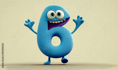 3D child character mascot number six animated dancing on flat beige background 