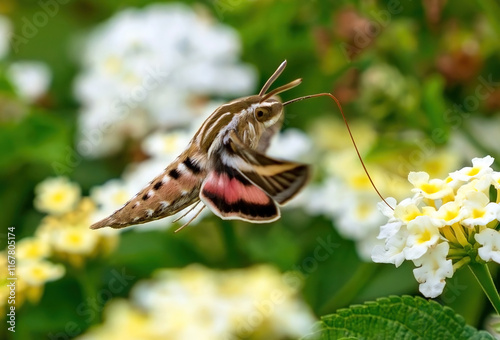 A closeup profile of a White-lined Sphinx Moth with its long tongue or proboscis in a White Lantana flower.