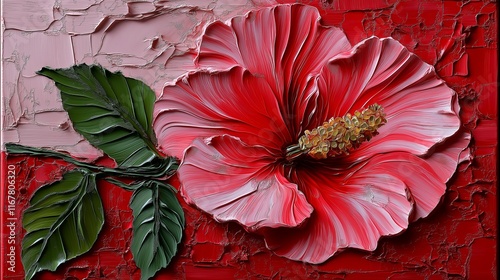 Red hibiscus flower painting with impasto technique on textured canvas photo