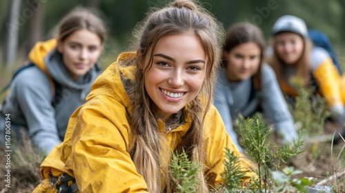Group of young women participating in outdoor planting activity.