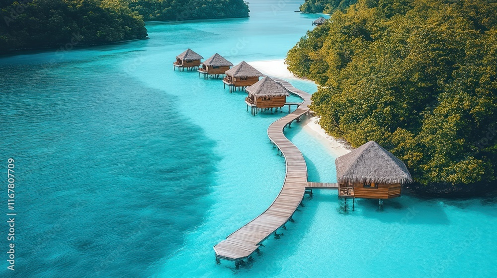 Tropical overwater bungalows on a serene blue lagoon. Tropical overwater bungalows on a serene blue lagoon.