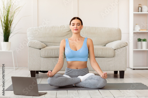 Peaceful Woman Meditating During Online Yoga Class Sitting At Laptop And Relaxing At Home. Relaxation Exercise Concept Free Download Peaceful Woman Meditating During Online Yoga Class Sitting At Laptop And Relaxing At Home. Relaxation Exercise Concept - GFXLoad