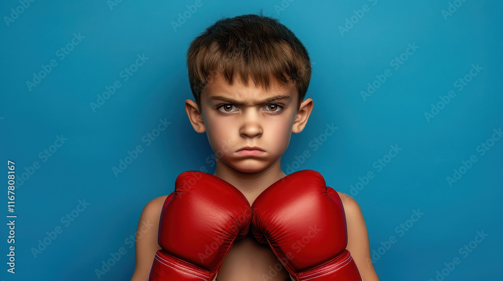 A timid boy grips his boxing gloves, wideeyed and nervous, ready to face his fears in the ring. A timid boy grips his boxing gloves, wideeyed and nervous, ready to face his fears in the ring.