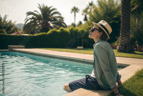 chapeau et lunettes au bord d'une piscine photo