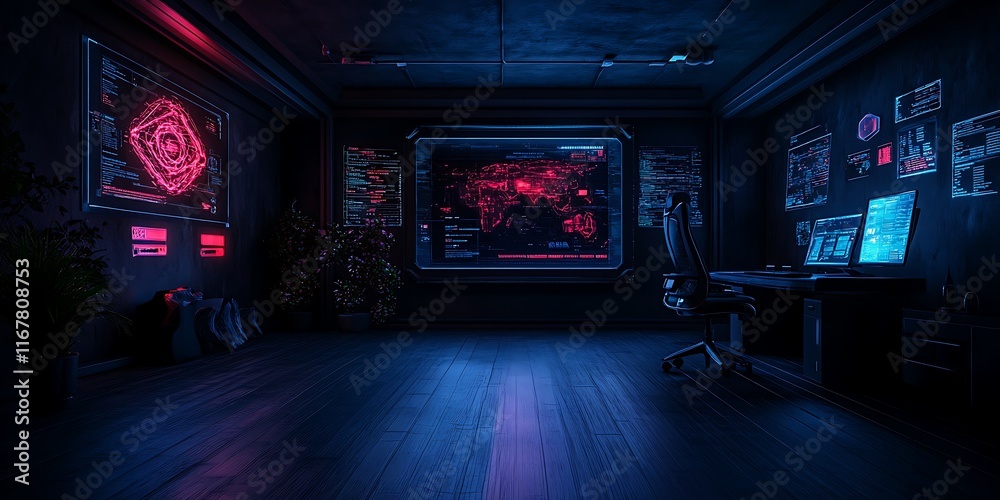 Virtual office environment with futuristic digital workspace and holographic screens, Virtual office environment with futuristic digital workspace and holographic screens,