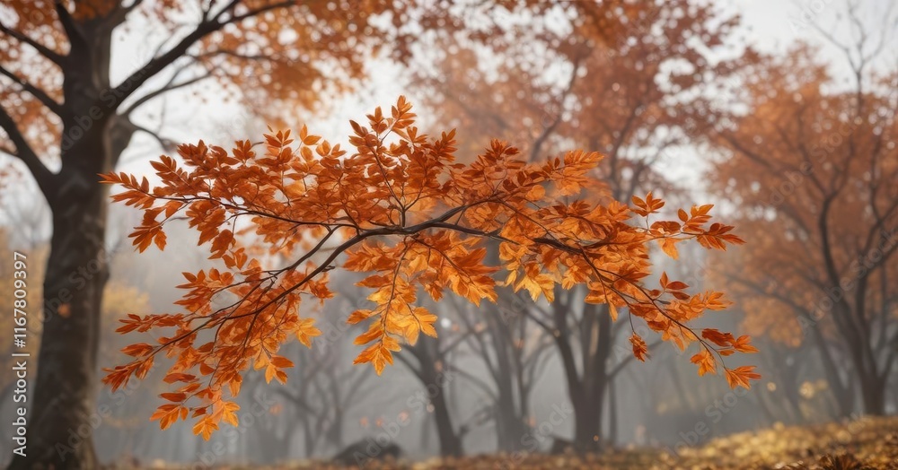 Autumn branch with vibrant orange leaves stretching upwards, tree, autumn, branches Autumn branch with vibrant orange leaves stretching upwards, tree, autumn, branches