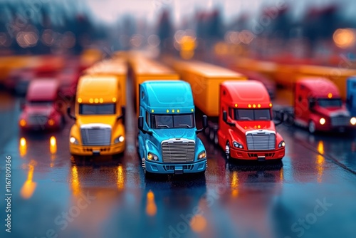 Colorful Semi Trucks in a Row, Highlighting Energy Efficiency and Environment Protection Concept photo