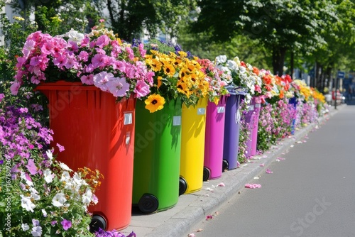 Colorful Recycling Bins Decorated with Vibrant Flowers, Showcasing Environmental Awareness and Urban Greening Initiative, City Street Scene Concept