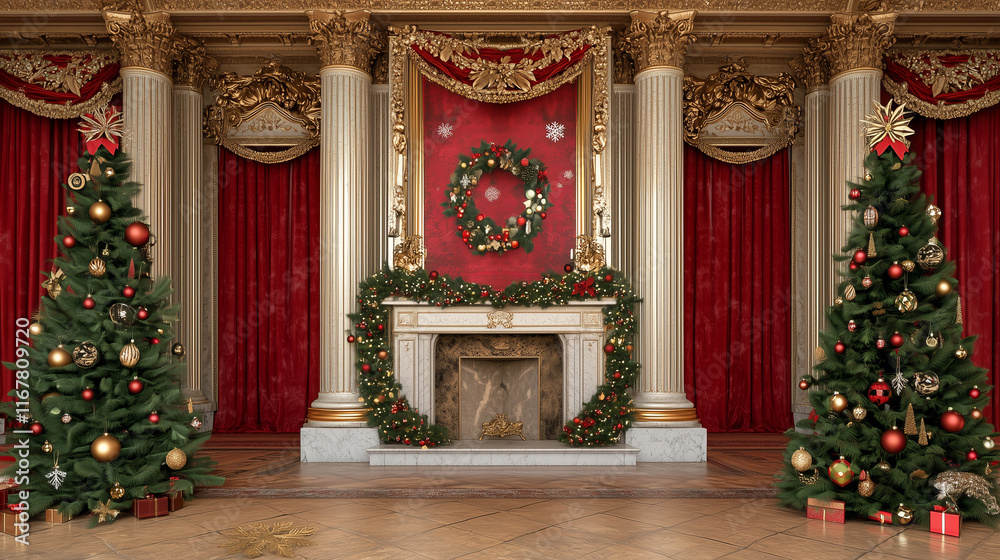 Two decorated Christmas trees stand in a grand, ornate room with a fireplace.. Two decorated Christmas trees stand in a grand, ornate room with a fireplace..