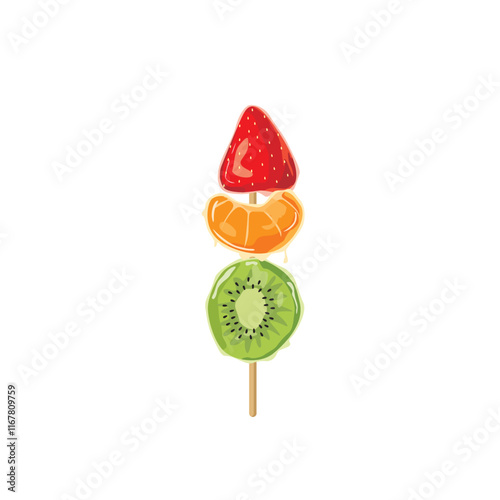 Vector illustration. Assorted fruits of Tanghulu, strawberry, kiwi and orange. Chinese street food candy fruit