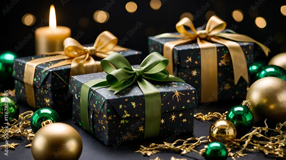 Beautifully wrapped New Year's gifts stacked together, featuring colorful paper, shimmering bows, and festive tags Beautifully wrapped New Year's gifts stacked together, featuring colorful paper, shimmering bows, and festive tags