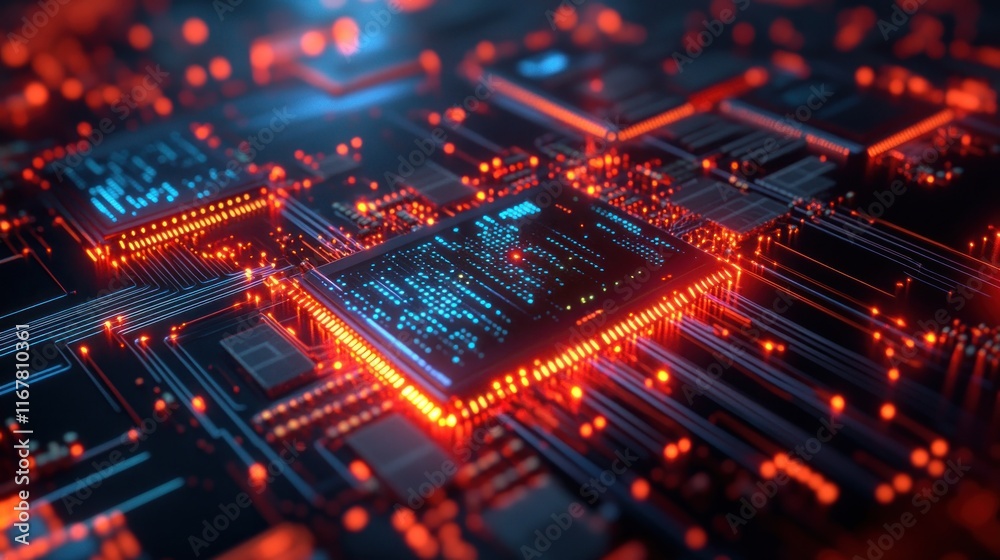 High-tech circuit board with glowing processor. High-tech circuit board with glowing processor.