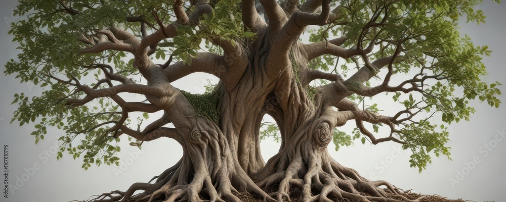 Close-up of intertwined family tree branches with roots and leaves ,  connected,  nature,  organic