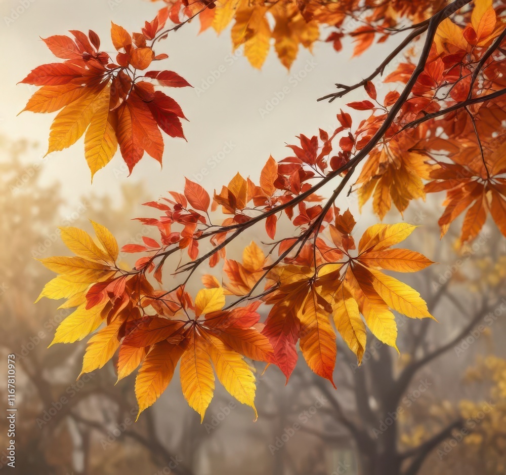 Colorful autumn branch with vibrant leaves against a warm background, foliage, warm background, fall foliage Colorful autumn branch with vibrant leaves against a warm background, foliage, warm background, fall foliage