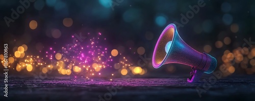 Abstract glowing business concept with floating megaphone and digital tools, 