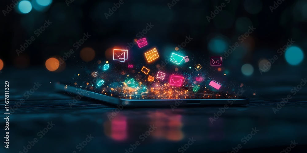 Fototapeta premium Online marketing concept with floating marketing icons and glowing lines, 