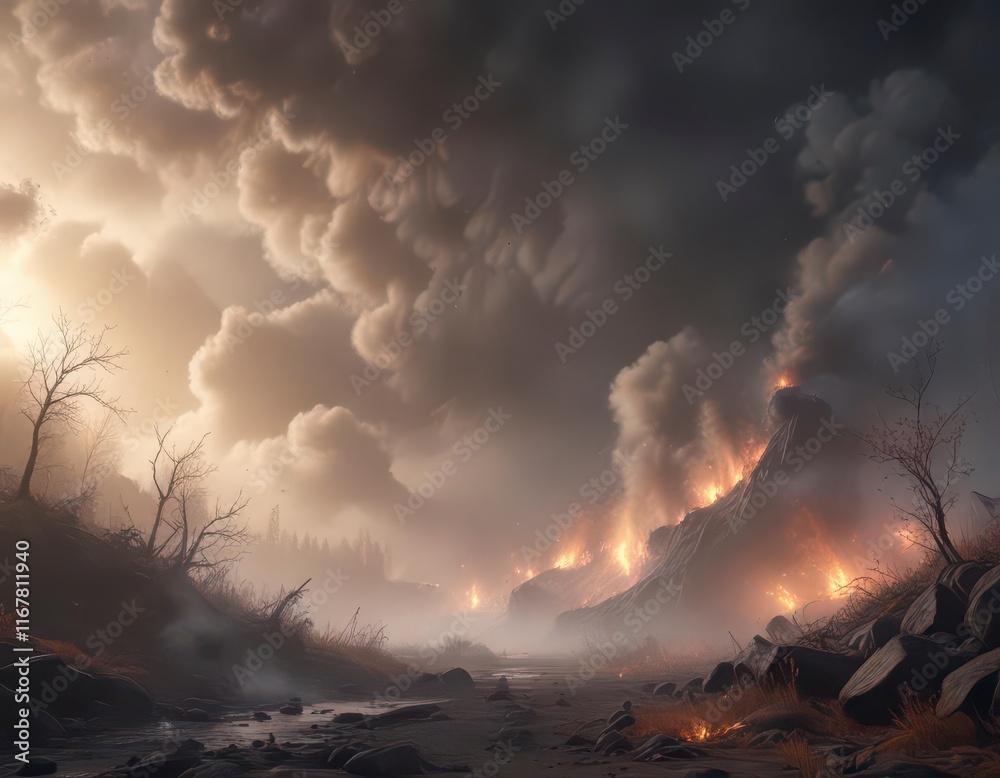 Fototapeta premium Dense foggy atmosphere with wispy smoke tendrils and faint embers , embers, fantasy, flames