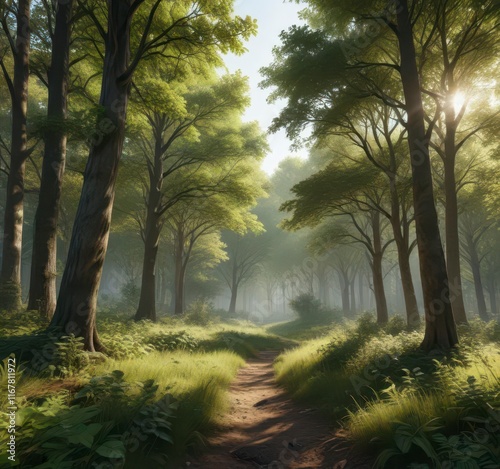 Dense foliage of deciduous trees in a forest clearing,  autumn,  nature,  greenery