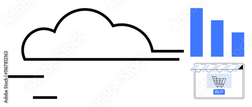 Black cloud outline connected to blue bar graph, representing cloud data and analytics, with shopping cart store. Ideal for cloud storage, e-commerce, online business, data analysis, digital