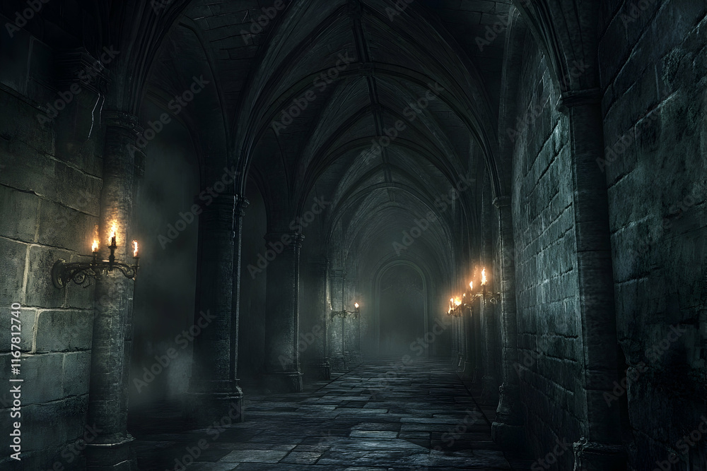 Dark, eerie corridor with torches lighting the endless stone walls, evoking a sense of medieval mystery Dark, eerie corridor with torches lighting the endless stone walls, evoking a sense of medieval mystery