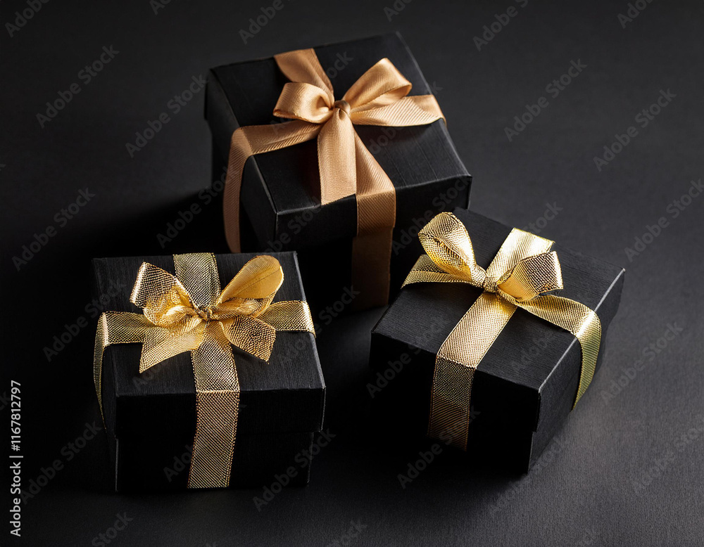 Fototapeta premium three black cardboard gift boxes with gold ribbon on black background