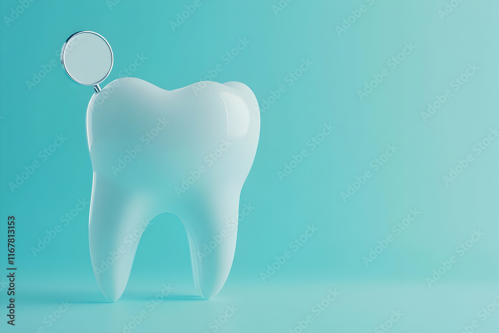 Dental concept featuring a tooth with an inspection mirror on a clean blue background Dental concept featuring a tooth with an inspection mirror on a clean blue background