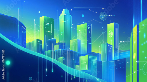 futuristic, skyline, glowing, neon, green, blue, towers, digital, patterns, abstract, sci-fi, elements, urban, illuminated, cyber, conceptual, high-tech, advanced, futuristic-world, bold, vibrant, fut photo