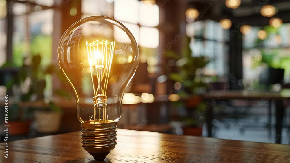 A glowing bulb on an office workplace, representing a creative idea for business development, Ai Generated