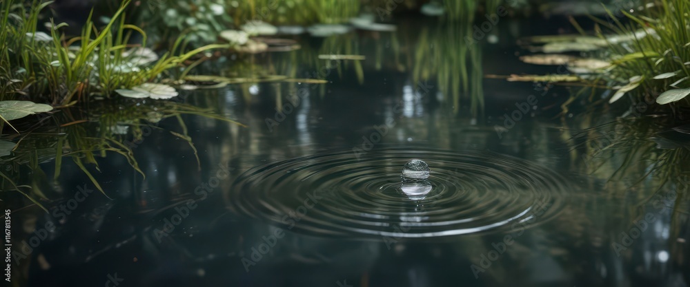 Fototapeta premium Gentle ripples on a still pond with a single clear water drop, still, droplet, drip