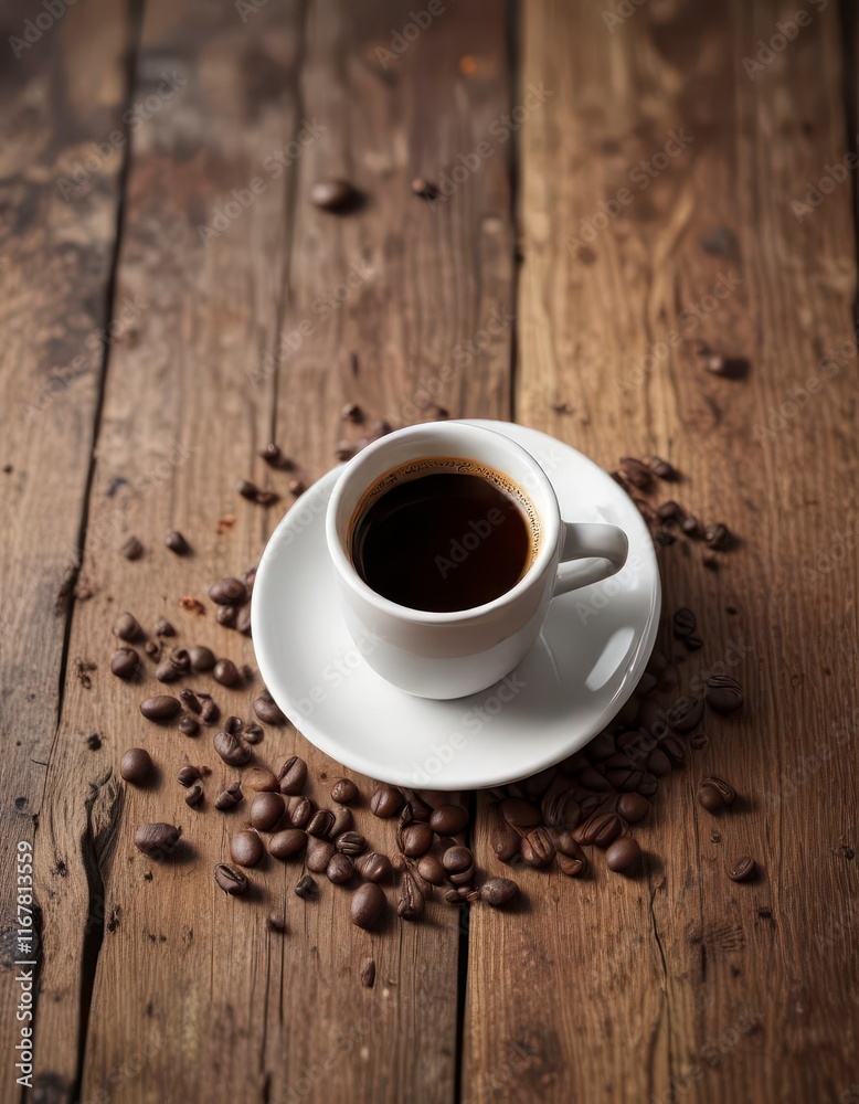 Espresso coffee cup on old wooden table with beans scattered around , espresso, beans, table Espresso coffee cup on old wooden table with beans scattered around , espresso, beans, table