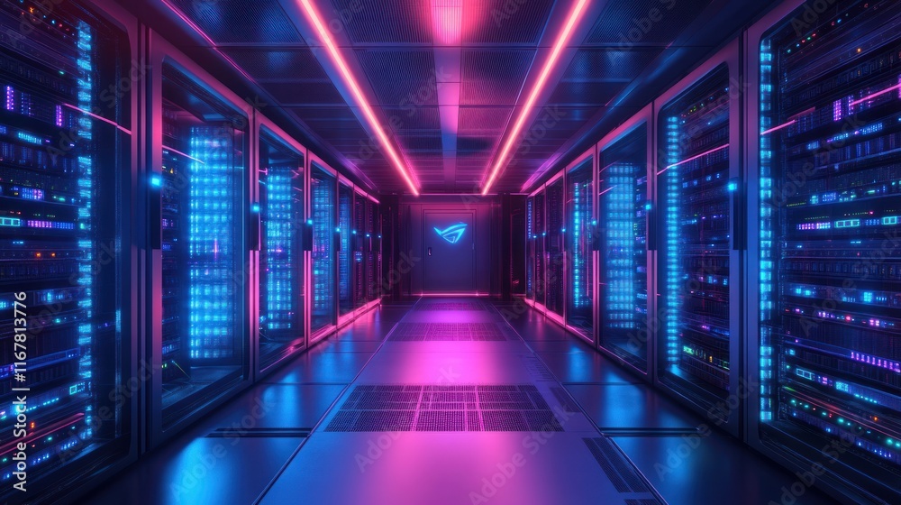 Fototapeta premium Futuristic server room with neon lighting.