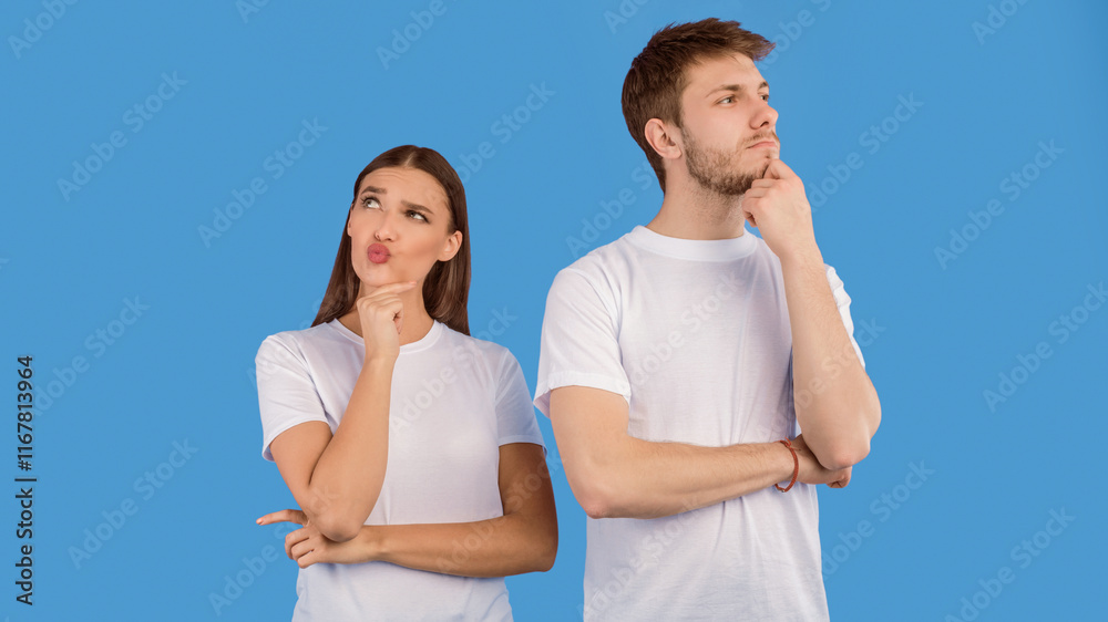 Obraz premium Pensive couple thinking and looking away on pastel purple studio background, banner