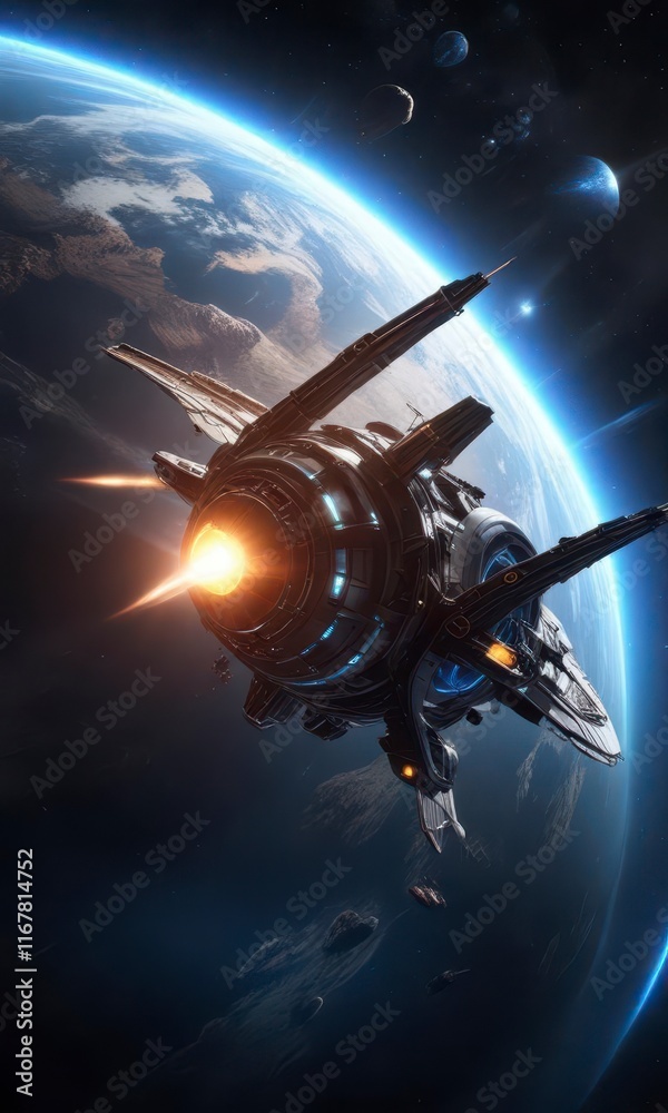 Futuristic spacecraft in orbit around a glowing blue planet,  space,  stars,  galaxy