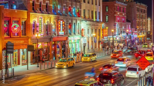 Vibrant Nights: Time-Lapse of Nashville, Tennessee Broadway Street with Bustling Nightlife