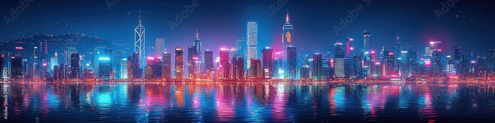 Fototapeta premium Night cityscape panorama with vibrant neon lights reflected in water.