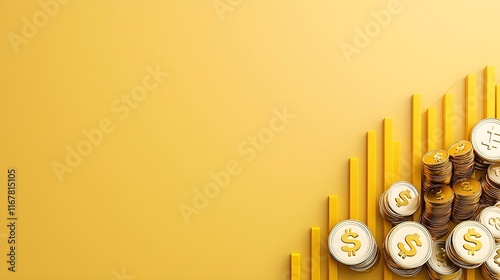 A vibrant illustration featuring golden coins stacked on a bright yellow background, symbolizing financial growth and prosperity with upward trend indicators.