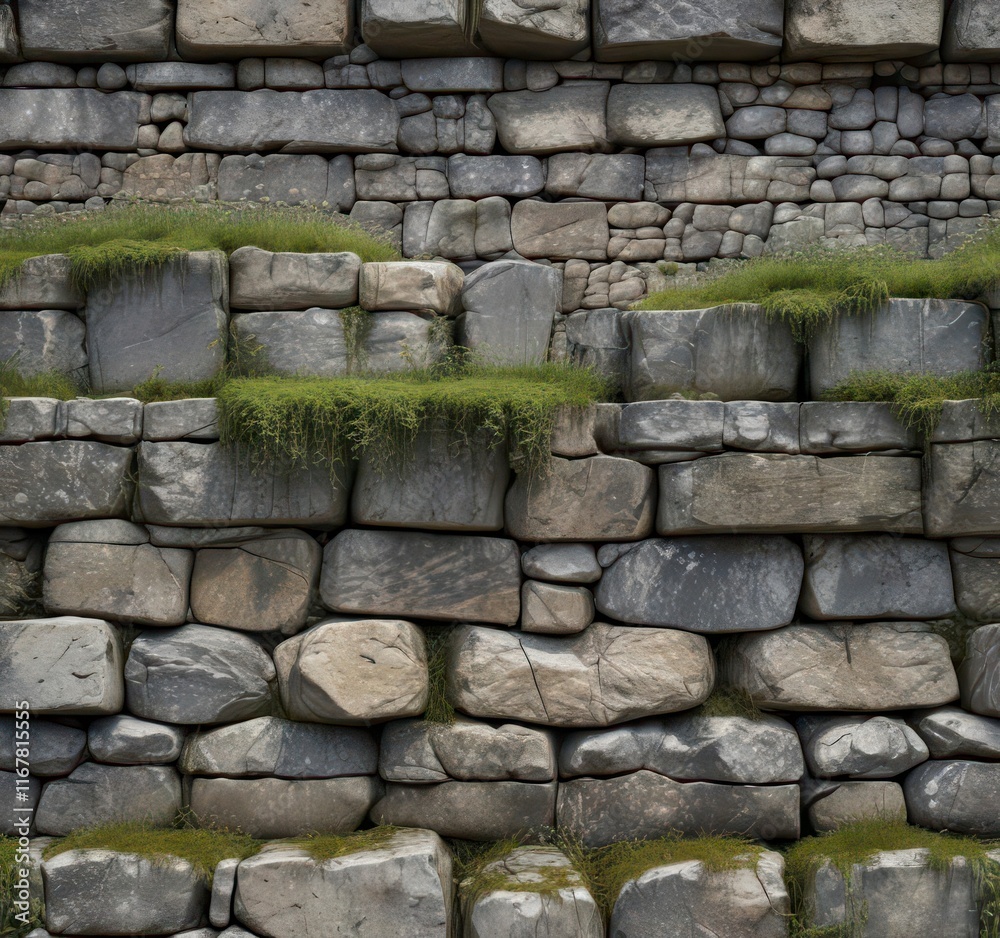 Mottled grey stone walls with moss-covered cracks and weathered wood accents , stones, damp, architecture Mottled grey stone walls with moss-covered cracks and weathered wood accents , stones, damp, architecture