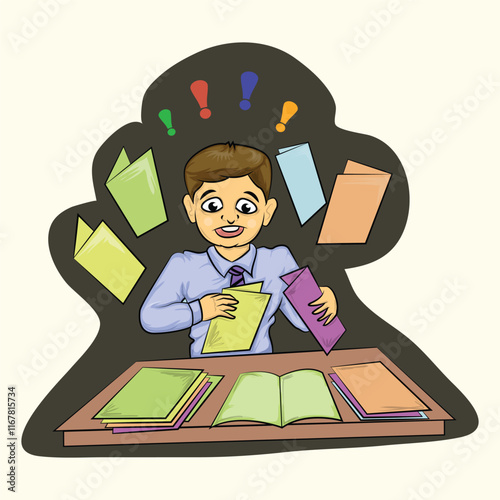 Stress worker or student with various office tools around his head