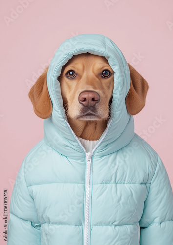 A Portrait of a Dog in a Blue Puffa Jacket Against a Pink Background photo