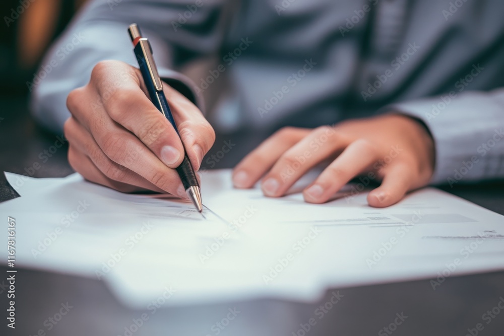 A person is focused on writing important details on a document, surrounded by a warm ambiance. Generative AI A person is focused on writing important details on a document, surrounded by a warm ambiance. Generative AI