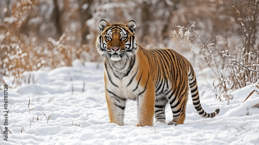 Obraz premium A tiger is standing in the snow, looking at the camera