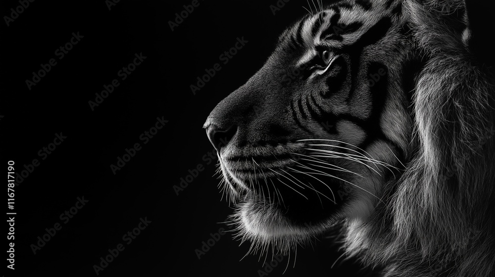 A tiger's face is shown in black and white A tiger's face is shown in black and white