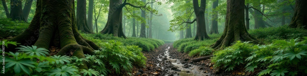 Obraz premium Muddy forest landscape with old growth trees and overgrown ferns, forest, vegetation, nature