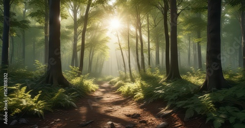 Panorama of wald with sunlight filtering through leaves, forest, sonnenstrahlen, furiously photo