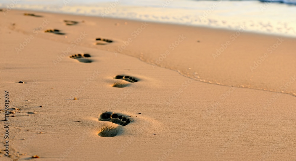 A serene beach scene with footprints in the sand leading to the calm waves A serene beach scene with footprints in the sand leading to the calm waves