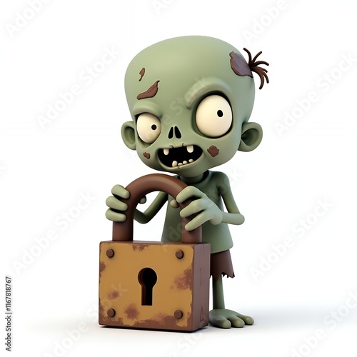 Cute Zombie Holding a Rusty Lock: A Spooky 3D Cartoon Character photo