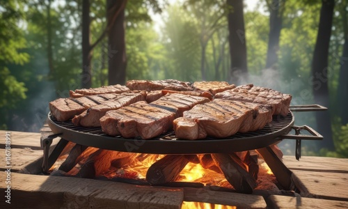 Sizzling meat on a wooden grill surrounded by trees ,  sizzle,  wood,  outdoors