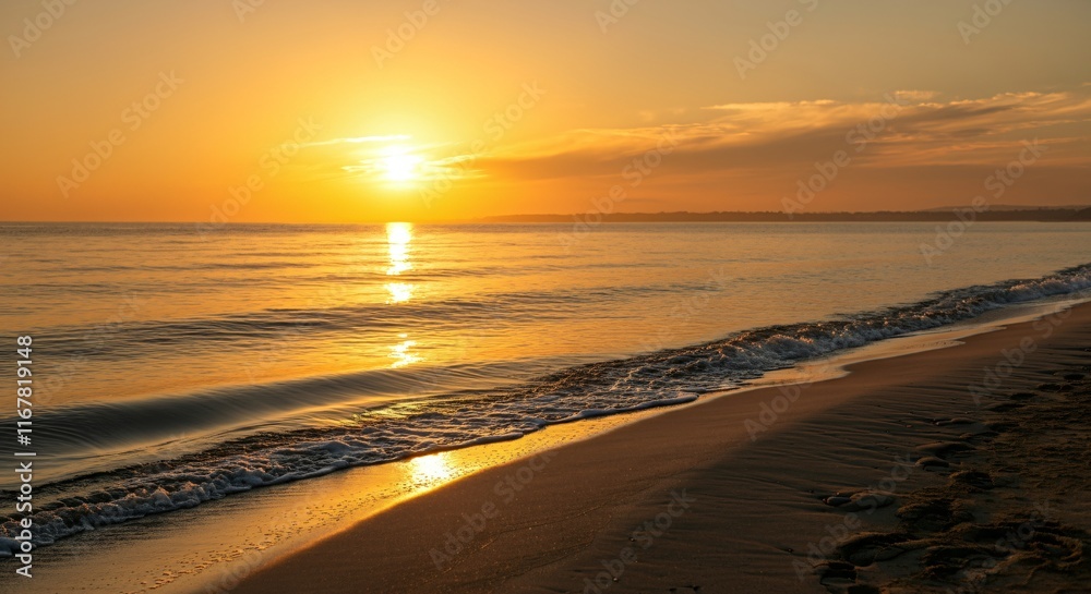 Obraz premium A serene beach scene with footprints in the sand leading to the calm waves